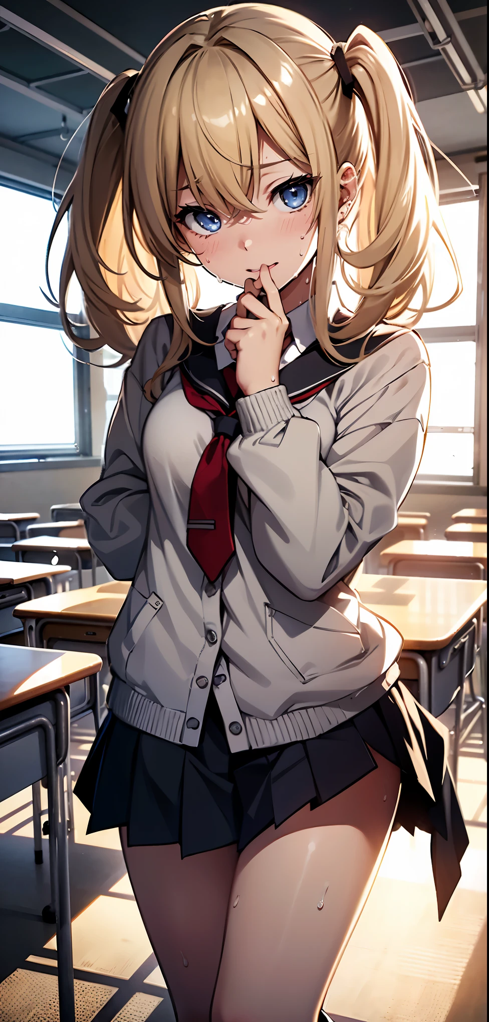 Highest品質、Highest1People Girl,high quality,A be familiar withed face、A be familiar withed eye、be familiar with nose、be familiar with mouth、 beautiful expression, ((High resolution)), ((Highest品質)), be familiar with, excited face.I'I'm very happy,), ((Skin shiny with sweat)), (school uniform:1.2、loose socks)、blonde, (half twin tail)、pure white skin:1.3, cinematic lighting, completely in the shade,(((classroom))), Realistic lighting with shades,cowboy shot、panties