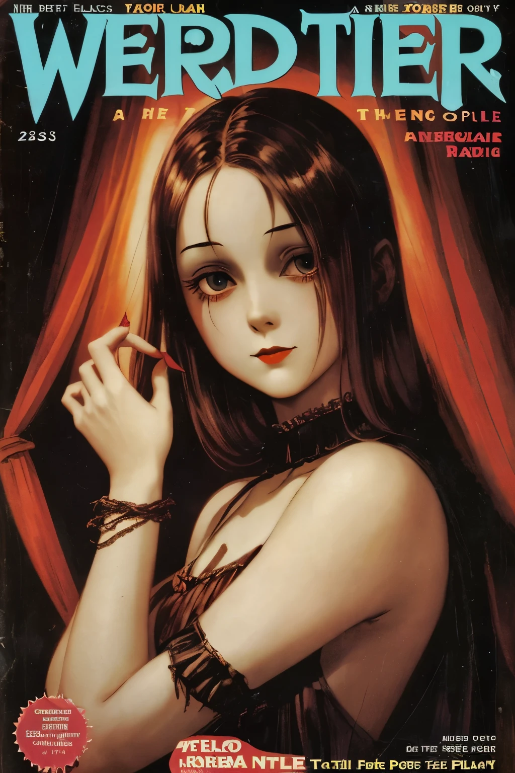 cover mistery magazine weird tale full lenght girl, cute face full lenght , girl pose for cover horror magazine weird tale , magazine age 1933, high quality,
