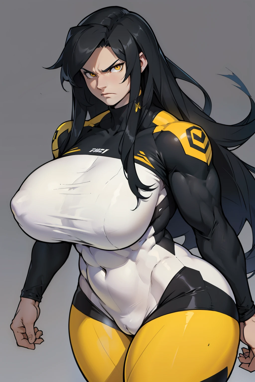 toned body huge breasts huge muscles huge thighs very long hair black hair yellow eyes solo angry best quality perfect anatomy good composition sad pale skin leggings long sleeve