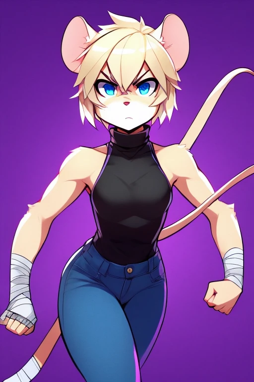 furry mouse girl, light blonde fur, light blonde ears, short light blonde hair, blue eyes, angry, sleeveless black turtleneck, blue jeans, bandage on right side of face, a little buff, purple background,
