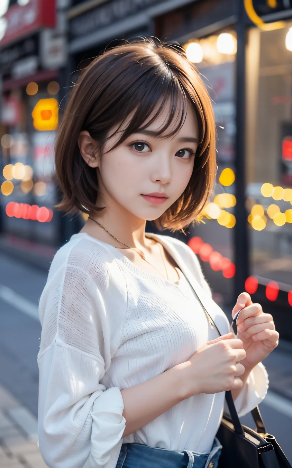 cute 21 year old japanese、city、shopping、super detail face、pay attention to details、double eyelid、beautiful thin nose、sharp focus:1.2、Beautiful woman:1.4、(light brown hair,short hair、),pure white skin、highest quality、masterpiece、ultra high resolution、(Photoreal:1.4)、Highly detailed and professional lighting、nice smile、show your whole body、Cute spring clothes、