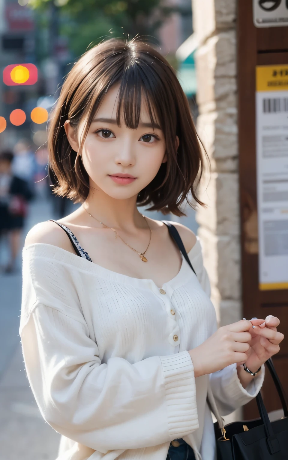 cute 21 year old japanese、city、shopping、super detail face、pay attention to details、double eyelid、beautiful thin nose、sharp focus:1.2、Beautiful woman:1.4、(light brown hair,short hair、),pure white skin、highest quality、masterpiece、ultra high resolution、(Photoreal:1.4)、Highly detailed and professional lighting、nice smile、show your whole body、Cute spring clothes、