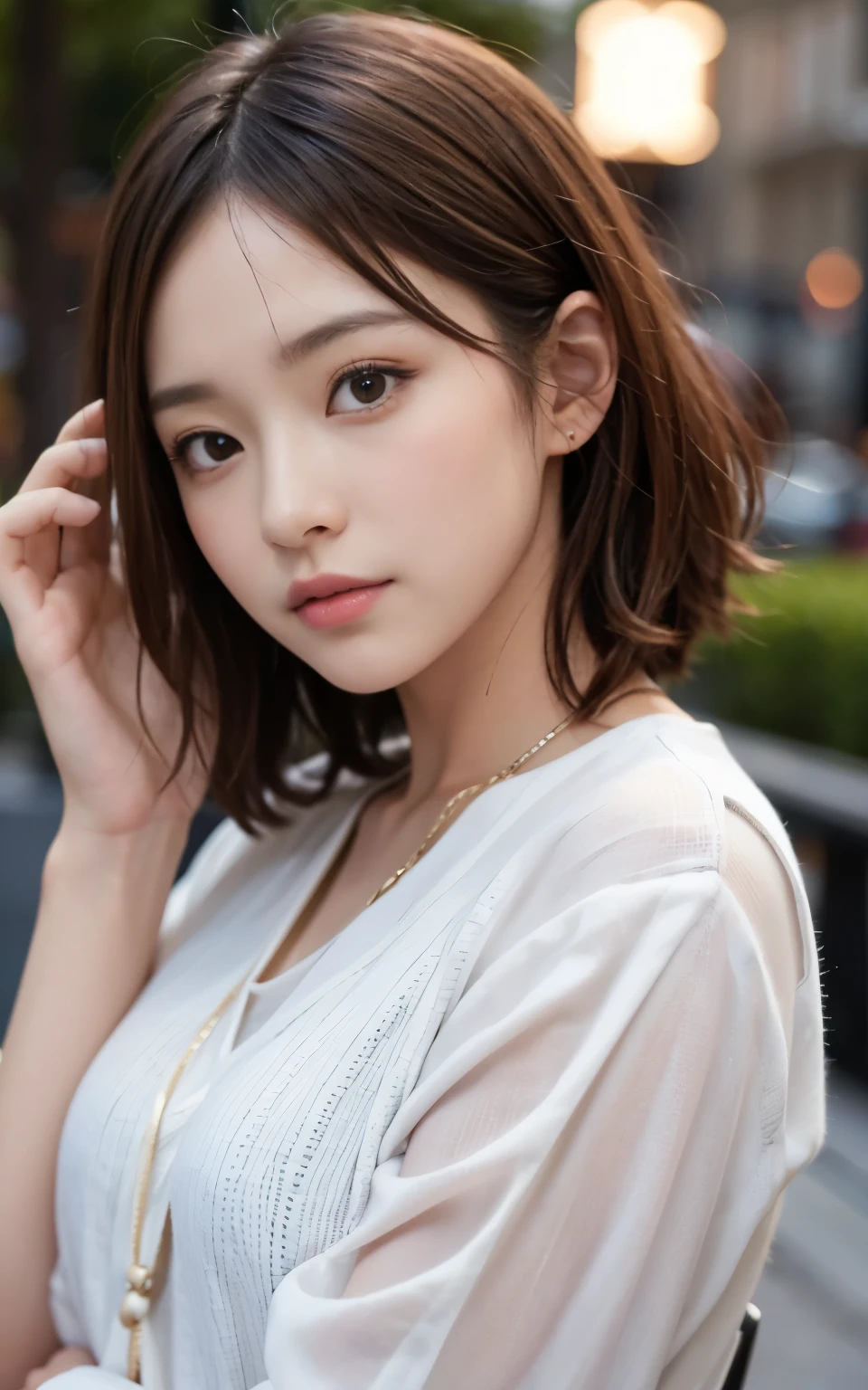 cute 21 year old japanese、city、shopping、super detail face、pay attention to details、double eyelid、beautiful thin nose、sharp focus:1.2、Beautiful woman:1.4、(light brown hair,short hair、),pure white skin、highest quality、masterpiece、ultra high resolution、(Photoreal:1.4)、Highly detailed and professional lighting、nice smile、show your whole body、cute spring clothes、