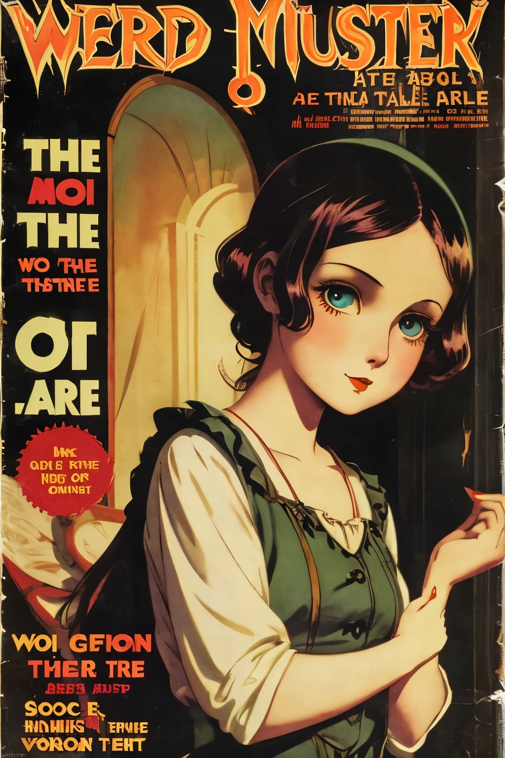 cover mistery magazine weird tale full lenght girl, cute face full lenght , girl pose for cover horror magazine weird tale , magazine age 1933, high quality,