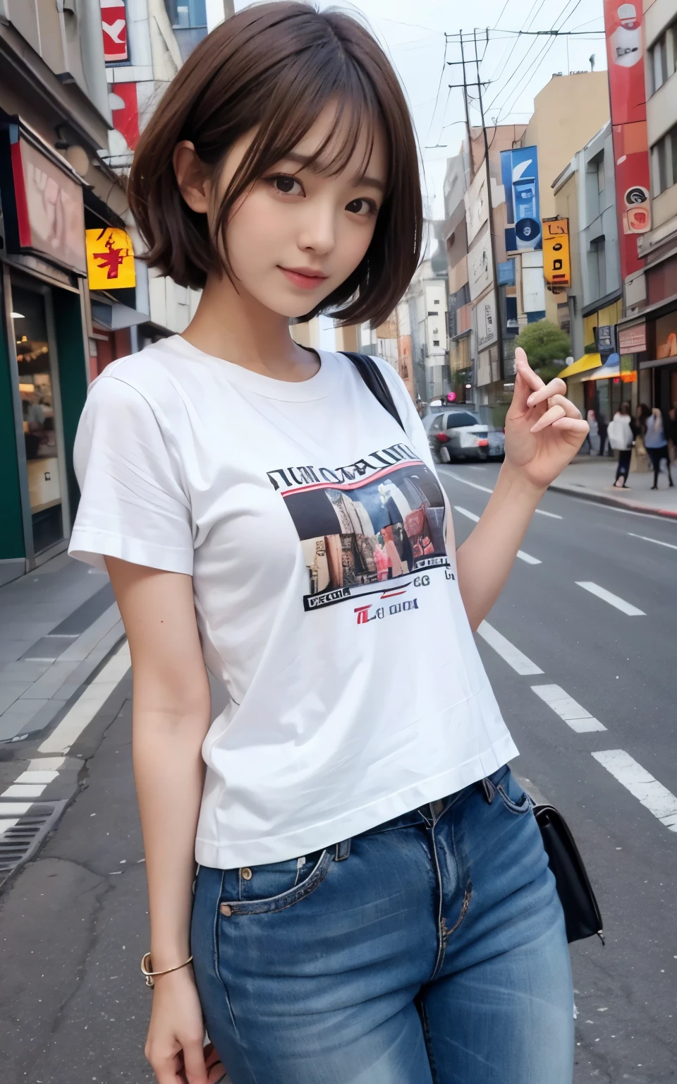 beautiful dressed up as a 70s elementary school.,she is cute and beautiful like an idol.,She is pure and innocent.,She is wearing a white T-shirt,Extremely short, tight, and skinny denim shorts,High socks and sneakers.Japanese,Black short bob,school bag