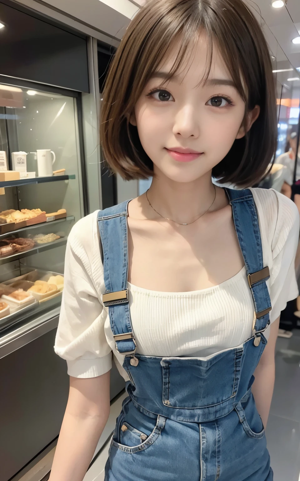 cute 21 year old japanese、city、shopping、super detail face、pay attention to details、double eyelid、beautiful thin nose、sharp focus:1.2、Beautiful woman:1.4、(light brown hair,short hair、),pure white skin、highest quality、masterpiece、ultra high resolution、(Photoreal:1.4)、Highly detailed and professional lighting、nice smile、show your whole body、overalls、