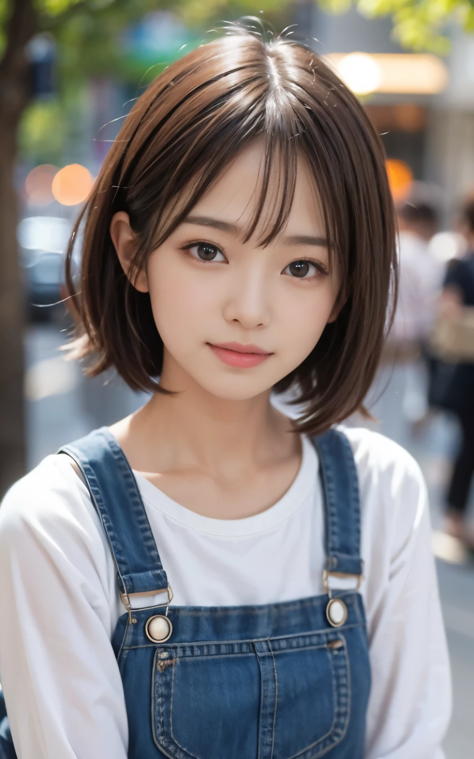 cute 21 year old japanese、city、shopping、super detail face、pay attention to details、double eyelid、beautiful thin nose、sharp focus:1.2、Beautiful woman:1.4、(light brown hair,short hair、),pure white skin、highest quality、masterpiece、ultra high resolution、(Photoreal:1.4)、Highly detailed and professional lighting、nice smile、show your whole body、overalls、