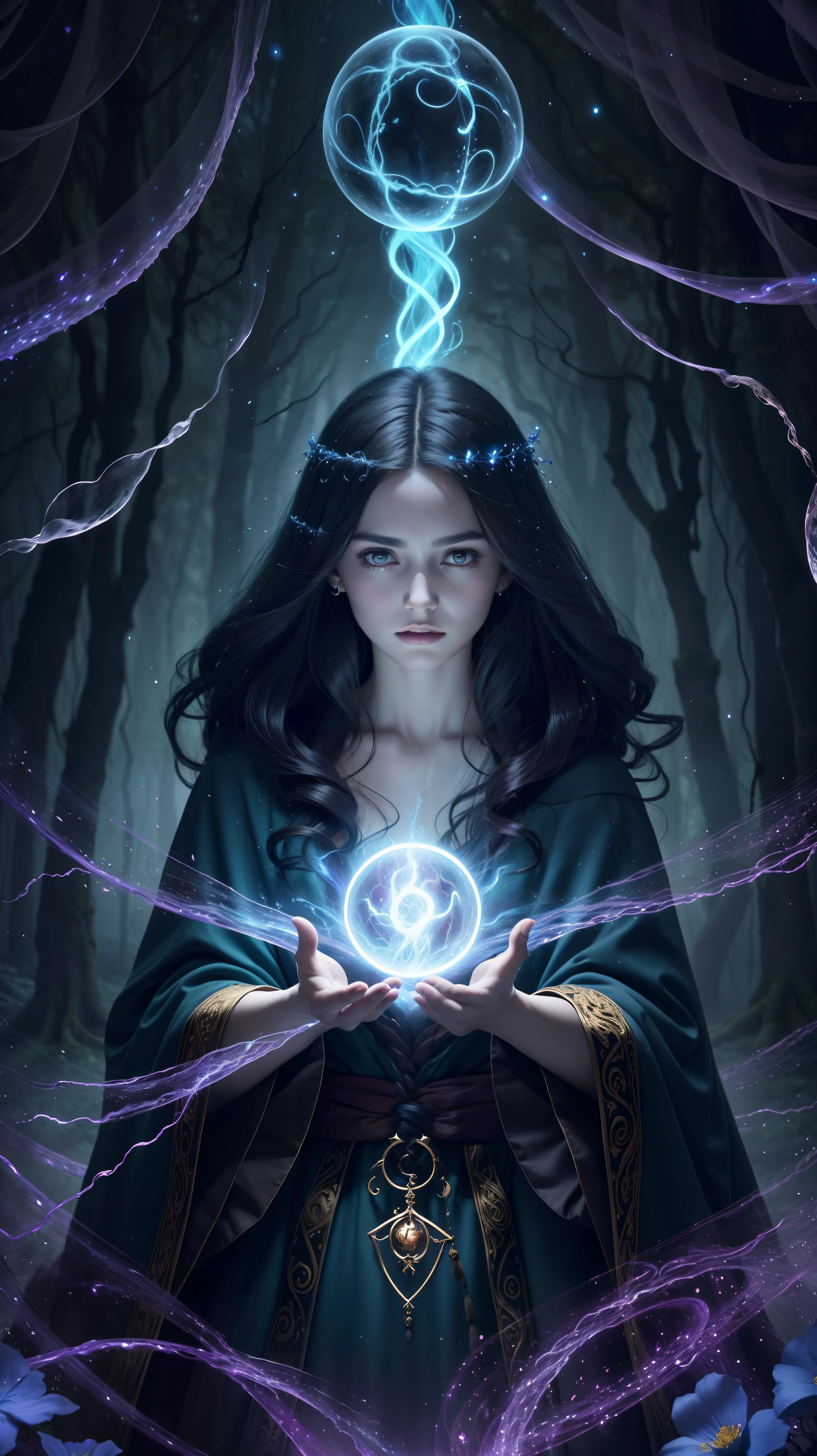 Un sorcier puissant, debout dans une forêt mystique. Leurs robes fluides ornées de symboles, Bras tendus, eyes sparkling with arcane energy. Alors que leur incantation s'escapes from their lips, vibrant, des motifs tourbillonnants de magie noire se manifestent dans l'air, palpitant de nuances de rouges et de bleus. L'enchantment permeates, make flowers bloom, creatures to admire with admiration. Des volutes de danse d'Magical energy, revealing hidden realms, unlock secrets. Capturez l'essence of this captivating moment, donnant vie au pouvoir mystique de l'enchantement sombre sur la toile avec la plus haute qualité et la plus haute qualité de détail. best quality, chef-d'artwork, ultra haute résolution, (photorealistic:1.4), Photo brute, sharpness, hdr, Detailed skin.