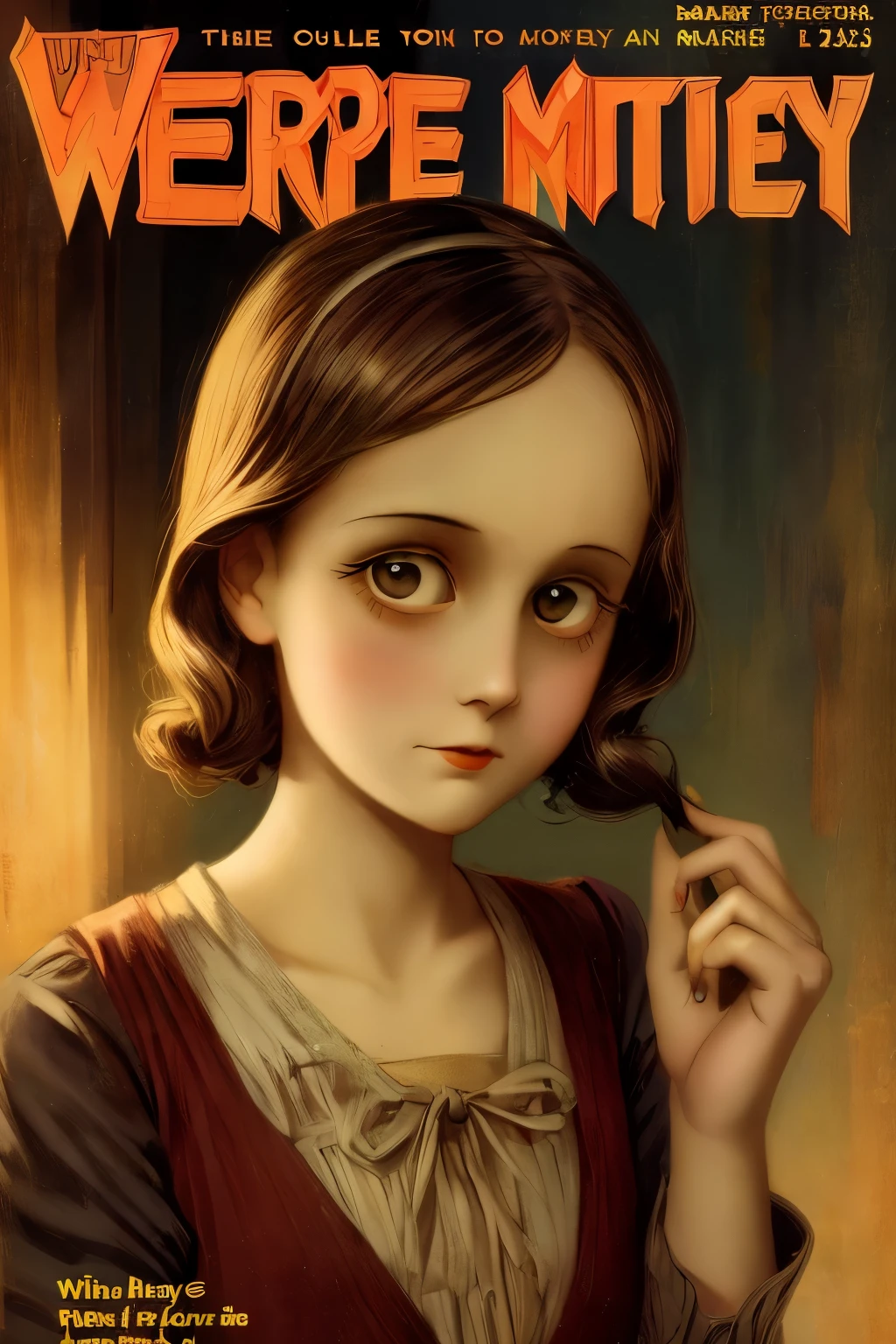 cover mistery magazine weird tale full lenght girl, cute face full lenght , girl pose for cover horror magazine weird tale , magazine age 1933, high quality,