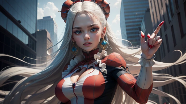 masterpiece, 4K permission, ultra-realistic, very detailed: A breathtaking painting of a white evil clown theme comes to life with a charismatic and enigmatic clown girl standing atop a towering urban cityscape. In her clown costume, she commands attention with her long, flowing white hair cascading down her shoulders (1.2), and piercing blue eyes (1.2). Her age, revealed in her mature, 25-year-old visage, adds to the complexity of her character. In an audacious display of strength, the clown girl assumes a Spider-Man pose, jumping effortlessly from one building to another, showcasing her ag