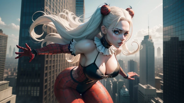 masterpiece, 4K permission, ultra-realistic, very detailed: A breathtaking painting of a white evil clown theme comes to life with a charismatic and enigmatic clown girl standing atop a towering urban cityscape. In her clown costume, she commands attention with her long, flowing white hair cascading down her shoulders (1.2), and piercing blue eyes (1.2). Her age, revealed in her mature, 25-year-old visage, adds to the complexity of her character. In an audacious display of strength, the clown girl assumes a Spider-Man pose, jumping effortlessly from one building to another, showcasing her ag