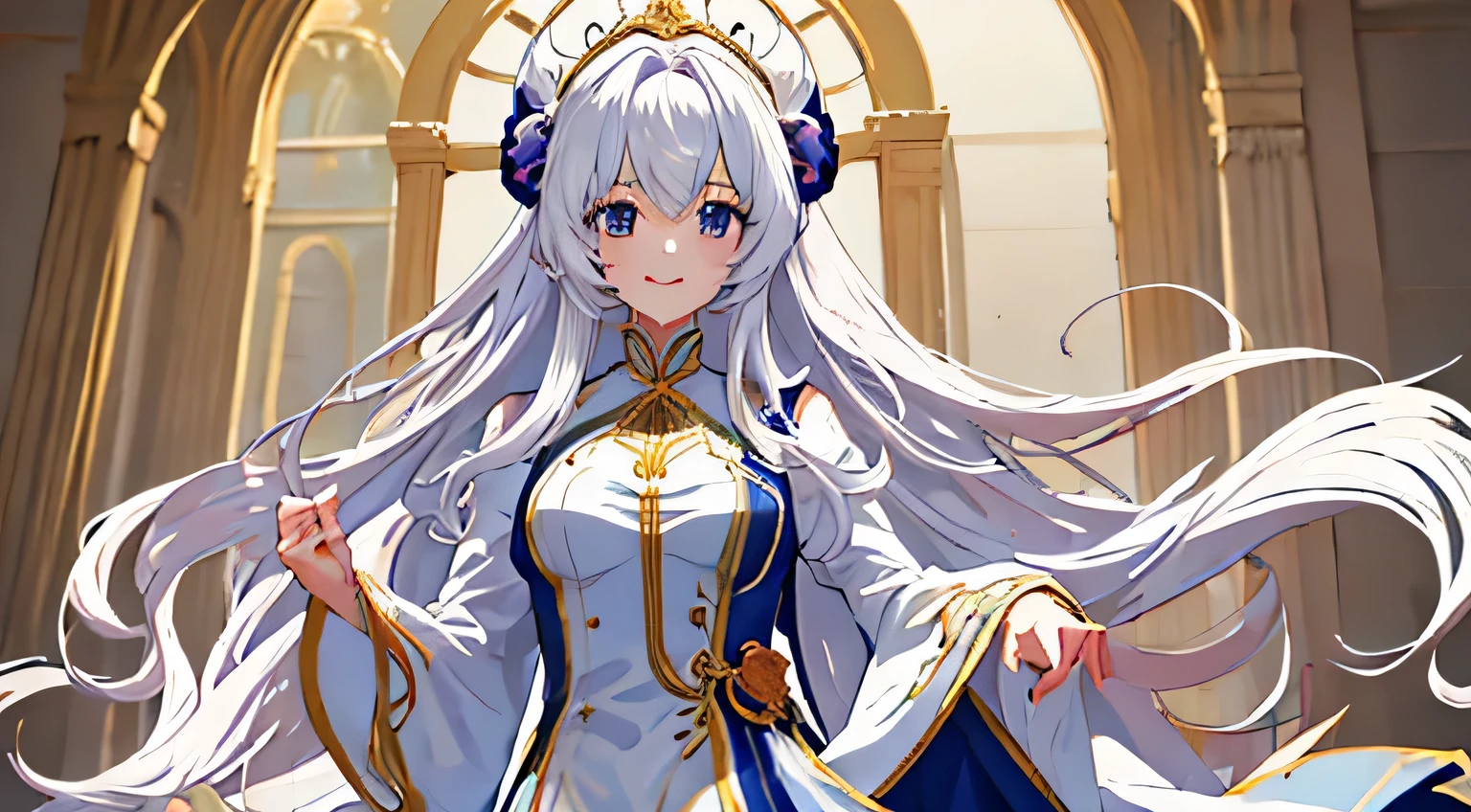 Personagem de anime, garota, beautiful long hair down to the floor, usando um vestido na altura da coxa, vestido de manga comprida, cabelo branco, rosto bonito, Olhos azuis claros, 8k resolution, Qualidade HD, partes do corpo muito detalhadas, corpo todo, Standing posture, sorrindo docemente