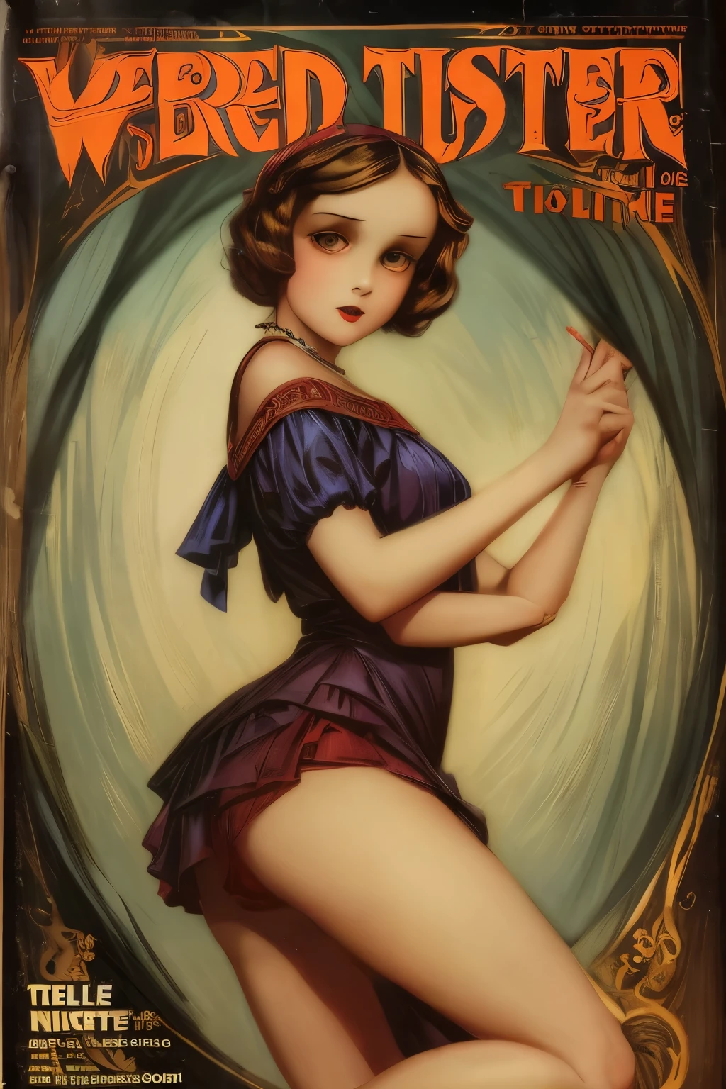 cover mistery magazine weird tale full lenght girl, cute face full lenght , girl pose for cover horror magazine weird tale , magazine age 1933, high quality,