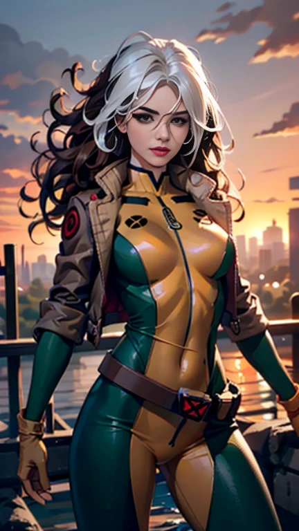 Emily Bett Rickards、Wet、full body figure, long hair, brown hair, green eyes, lipstick, compensate, lips,Emphasize cleavage、 sexy、White stripes in hair, like, wavy hair, messy hair, curly hair, middle～big breasts, Surface Plot, ((Kelli Berglund:Bailee Madison:0.5)), 黄colorのスーツ, Jacket, gloves, belt, gloves amarillos, Green Suit, (body suit:1.4), Traje multicolor, (superhero:1.4), tight skin, Ropa multicolor, Garden and wisteria background, official art, extremely detailed CG 8k wallpaper, perfect lighting, De color, bright_amount_method_light, piel bright, (masterpiece:1.0), (Better_quality:1.0), ultra high resolution, 4k , Super detailed, director of photography, 8k, HDR, Altas Resolightones, (disorganized:1.2), kodak portrait 400, film grain, blurred background, (Bokeh:1.2), Lens flare, (lively_color:1.2), professional photography, (beautiful_method:1.5),More detailed 8K.unreal engine:1.4,Hmm,La Better calidad:1.4, realistic:1.4, skin temperature:1.4, masterpiece:1.8,masterpiece, Better calidad,object object], (detailed facial features:1.3),(Antesedentes apocalyptic destroyed city:1.4), (Apocalyptic Sunset:1.4)