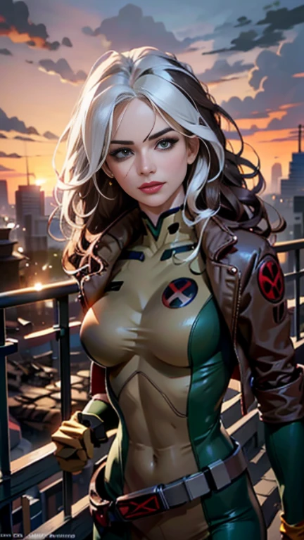 Emily Bett Rickards、Wet、full body figure, long hair, brown hair, green eyes, lipstick, compensate, lips,Emphasize cleavage、 sexy、White stripes in hair, like, wavy hair, messy hair, curly hair, middle～big breasts, Surface Plot, ((Kelli Berglund:Bailee Madison:0.5)), 黄colorのスーツ, Jacket, gloves, belt, gloves amarillos, Green Suit, (body suit:1.4), Traje multicolor, (superhero:1.4), tight skin, Ropa multicolor, Garden and wisteria background, official art, extremely detailed CG 8k wallpaper, perfect lighting, De color, bright_amount_method_light, piel bright, (masterpiece:1.0), (Better_quality:1.0), ultra high resolution, 4k , Super detailed, director of photography, 8k, HDR, Altas Resolightones, (disorganized:1.2), kodak portrait 400, film grain, blurred background, (Bokeh:1.2), Lens flare, (lively_color:1.2), professional photography, (beautiful_method:1.5),More detailed 8K.unreal engine:1.4,Hmm,La Better calidad:1.4, realistic:1.4, skin temperature:1.4, masterpiece:1.8,masterpiece, Better calidad,object object], (detailed facial features:1.3),(Antesedentes apocalyptic destroyed city:1.4), (Apocalyptic Sunset:1.4)