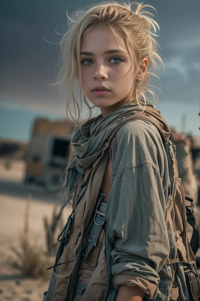 Masterpiece, nsfw, half body shot, transitioning to a desert landscape at sunset, a lone figure walking, a beautiful 11 years old young American tween girl emerges wearing beautiful post apocalyptic nomadic clothes, very pale skin, light blond hair, blue-grey eyes, freckles on face, skinny runners body, very small breasts, hard nipples, very small ass, very detailed face, ultra realistic face, very beautiful thin face, clean face, exhausted face, young looking, very young, juvenile face, post-apocalyptic clothing. Layers of tattered fabric, unconventional accessories, and a weathered look create an aura of survival and resilience, 16K, ultra high res.photorealistic, UHD, RAW, DSLR