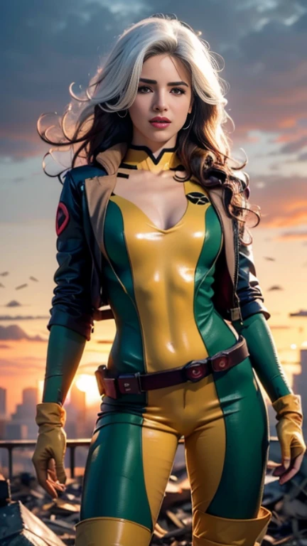 Emily Bett Rickards、Wet、full body figure, long hair, brown hair, green eyes, lipstick, compensate, lips,Emphasize cleavage、 sexy、White stripes in hair, like, wavy hair, messy hair, curly hair, middle～big breasts, Surface Plot, ((Kelli Berglund:Bailee Madison:0.5)), 黄colorのスーツ, Jacket, gloves, belt, gloves amarillos, Green Suit, (body suit:1.4), Traje multicolor, (superhero:1.4), tight skin, Ropa multicolor, Garden and wisteria background, official art, extremely detailed CG 8k wallpaper, perfect lighting, De color, bright_amount_method_light, piel bright, (masterpiece:1.0), (Better_quality:1.0), ultra high resolution, 4k , Super detailed, director of photography, 8k, HDR, Altas Resolightones, (disorganized:1.2), kodak portrait 400, film grain, blurred background, (Bokeh:1.2), Lens flare, (lively_color:1.2), professional photography, (beautiful_method:1.5),More detailed 8K.unreal engine:1.4,Hmm,La Better calidad:1.4, realistic:1.4, skin temperature:1.4, masterpiece:1.8,masterpiece, Better calidad,object object], (detailed facial features:1.3),(Antesedentes apocalyptic destroyed city:1.4), (Apocalyptic Sunset:1.4)