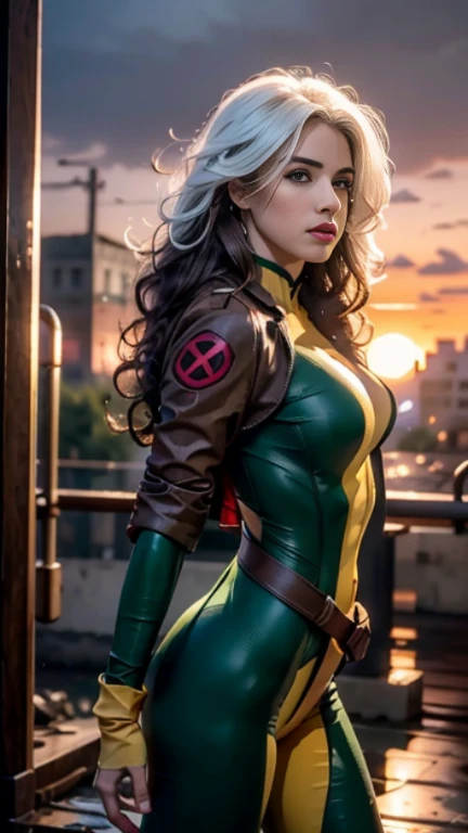Emily Bett Rickards、Wet、full body figure, long hair, brown hair, green eyes, lipstick, compensate, lips,Emphasize cleavage、 sexy、White stripes in hair, like, wavy hair, messy hair, curly hair, middle～big breasts, Surface Plot, ((Kelli Berglund:Bailee Madison:0.5)), 黄colorのスーツ, Jacket, gloves, belt, gloves amarillos, Green Suit, (body suit:1.4), Traje multicolor, (superhero:1.4), tight skin, Ropa multicolor, Garden and wisteria background, official art, extremely detailed CG 8k wallpaper, perfect lighting, De color, bright_amount_method_light, piel bright, (masterpiece:1.0), (Better_quality:1.0), ultra high resolution, 4k , Super detailed, director of photography, 8k, HDR, Altas Resolightones, (disorganized:1.2), kodak portrait 400, film grain, blurred background, (Bokeh:1.2), Lens flare, (lively_color:1.2), professional photography, (beautiful_method:1.5),More detailed 8K.unreal engine:1.4,Hmm,La Better calidad:1.4, realistic:1.4, skin temperature:1.4, masterpiece:1.8,masterpiece, Better calidad,object object], (detailed facial features:1.3),(Antesedentes apocalyptic destroyed city:1.4), (Apocalyptic Sunset:1.4)