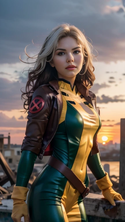 Elisha Cuthbert、Wet、full body figure, long hair, brown hair, green eyes, lipstick, compensate, lips,Emphasize cleavage、 sexy、White stripes in hair, like, wavy hair, messy hair, curly hair, middle～big breasts, Surface Plot, ((Kelli Berglund:Bailee Madison:0.5)), 黄colorのスーツ, Jacket, gloves, belt, gloves amarillos, Green Suit, (body suit:1.4), Traje multicolor, (superhero:1.4), tight skin, Ropa multicolor, Garden and wisteria background, official art, extremely detailed CG 8k wallpaper, perfect lighting, De color, bright_amount_method_light, piel bright, (masterpiece:1.0), (Better_quality:1.0), ultra high resolution, 4k , Super detailed, director of photography, 8k, HDR, Altas Resolightones, (disorganized:1.2), kodak portrait 400, film grain, blurred background, (Bokeh:1.2), Lens flare, (lively_color:1.2), professional photography, (beautiful_method:1.5),More detailed 8K.unreal engine:1.4,Hmm,La Better calidad:1.4, realistic:1.4, skin temperature:1.4, masterpiece:1.8,masterpiece, Better calidad,object object], (detailed facial features:1.3),(Antesedentes apocalyptic destroyed city:1.4), (Apocalyptic Sunset:1.4)