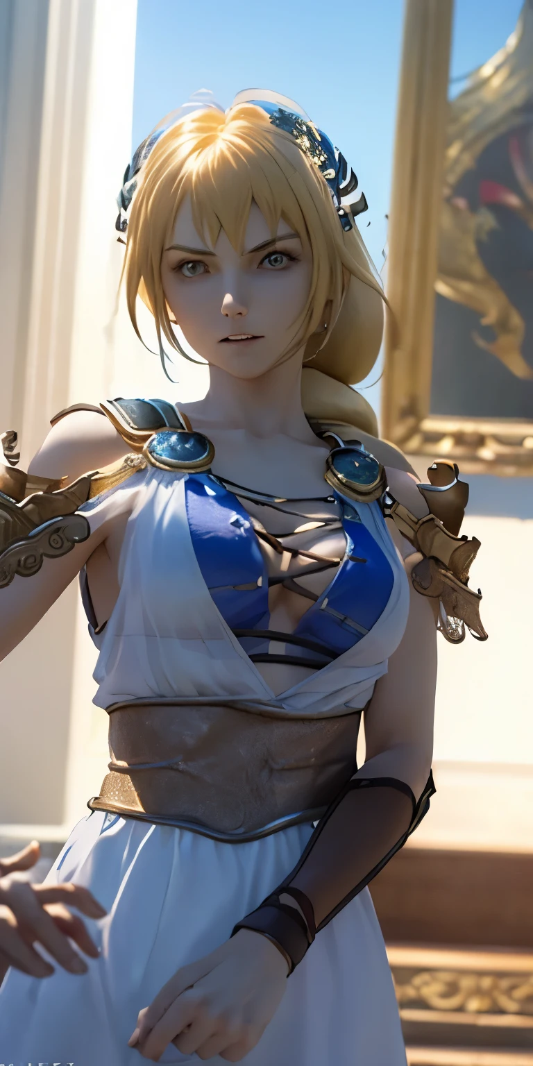 (masterpiece, best quality:1.3), Sophitia Alexandra, Soul Calibur, (upper body:1.5), 24 years old, looking at viewer, gold hair, braid hair,  (evil look, looks down on viewer:1.5), 