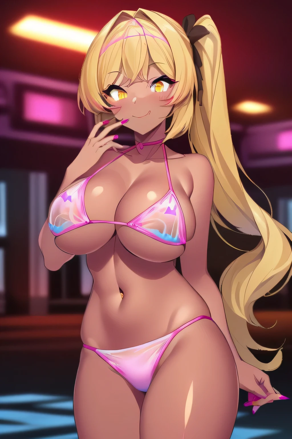 ((the best image quality、the best、1 girl、draw in detail))、Fushan1.3、
(((blonde:5、Dark Skinned Woman:hiny skin:1.5)) ponytail、long hair、straight hair、pink ribbon、mix pink hair))、((yellow eyes、active look))、big breasts3、thick lips:1.3、pink lips、Pink Makeup))、 ((evil smile:1.3、blush:1.3、smile with your moutlosed、Licking the upper lip、stick out tongue、tongue、lewd look、))
(((pink mibikini、puffy nipple:1.3、You can see ugh thsuit、see ugh swimwear、You can see through the clothes、crotch line、shiny swimwear)))、((red light district、night、neon light、road、Are standing)) 、((Shoff your nails、Pink nails、accurate hand depiction、Upper body))、(Are standing、stand with legs spread apart、Large amount of man juice)、