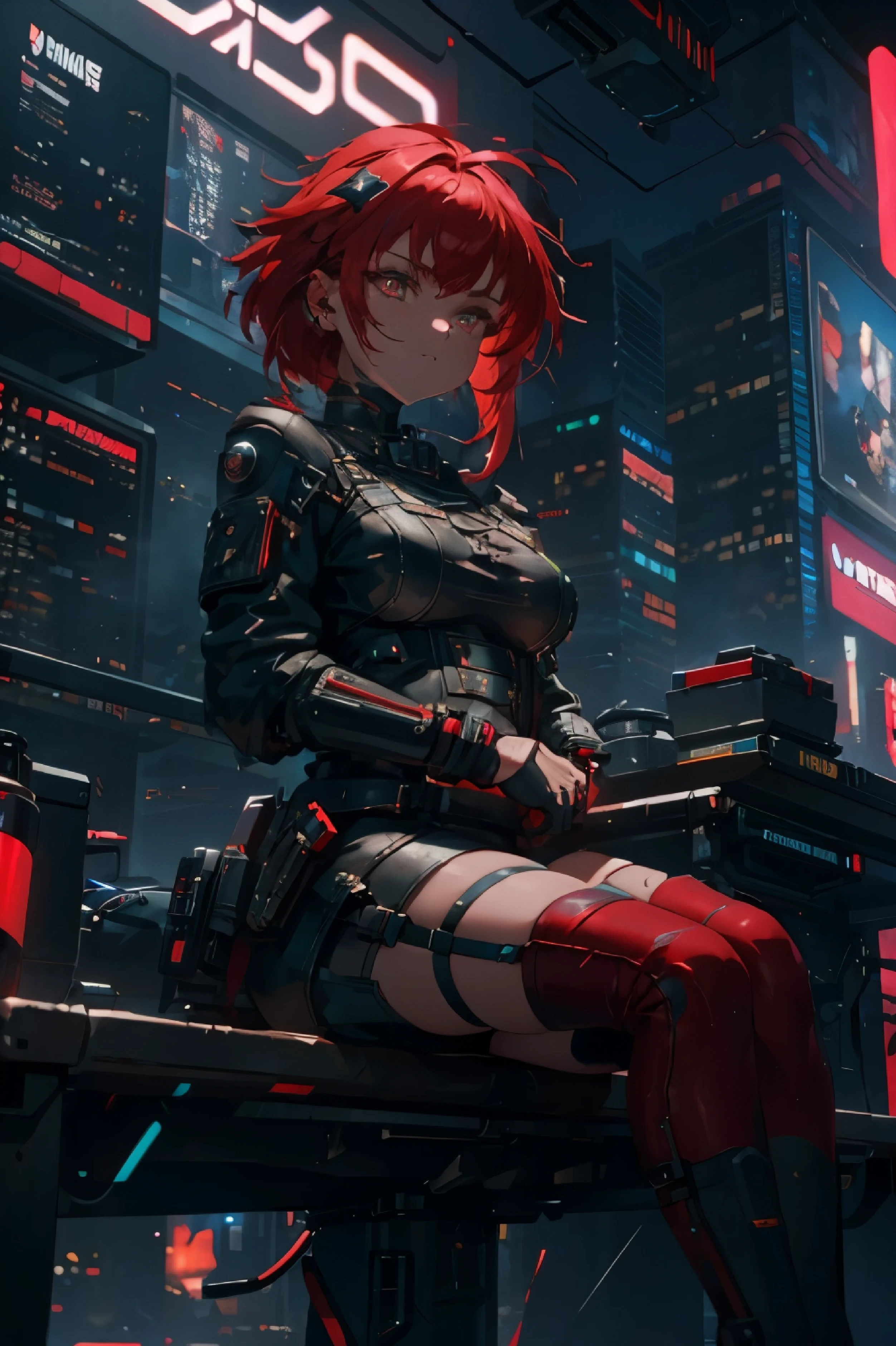 cyberpunk beautiful girl 8k unreal engine 5 cinematic red hair bright eyes flushed with shame sitting delicate leather outfit  