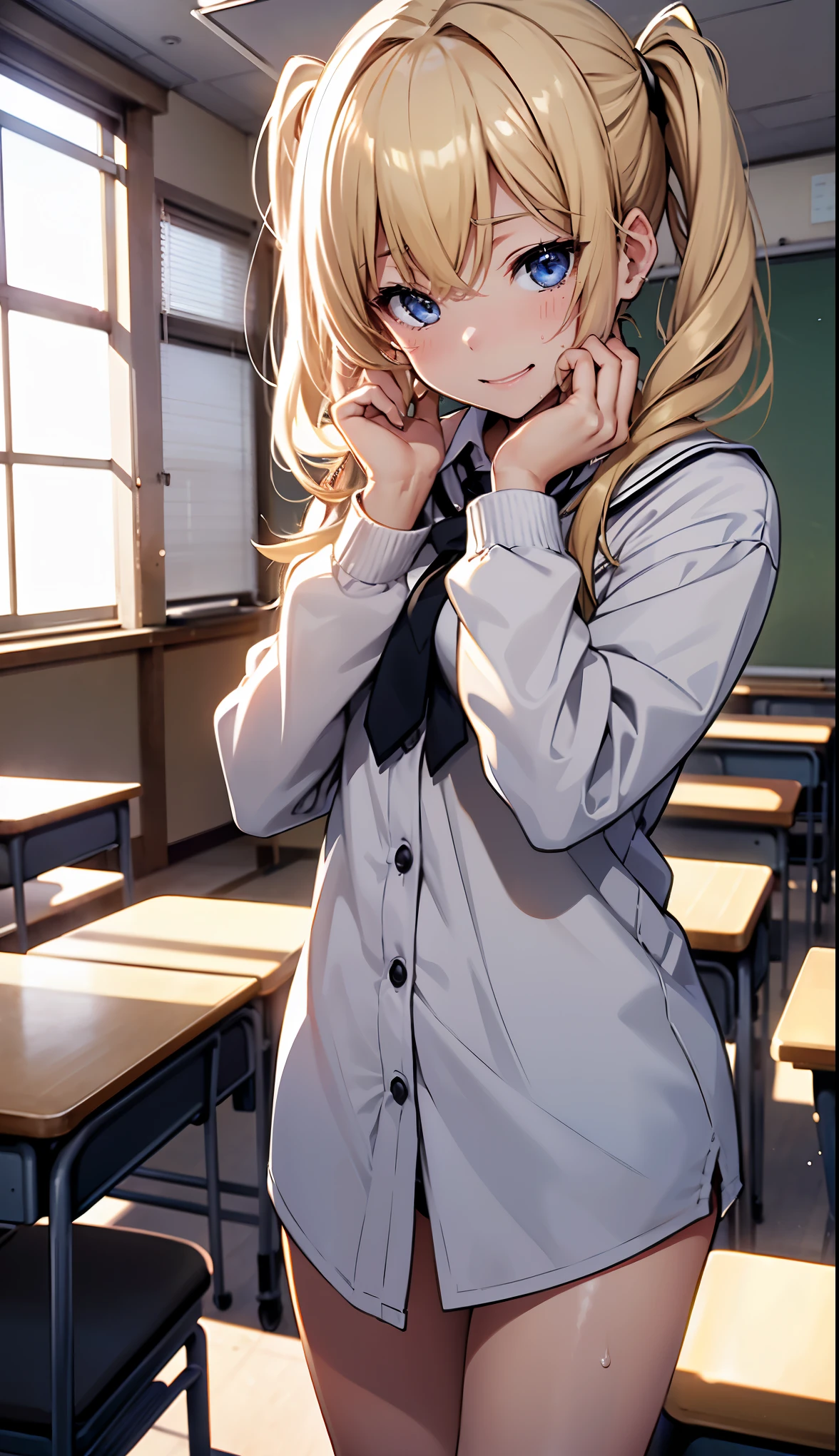 1girl, blonde hair, red eyes, parted lips, blush, makeup, light smile, school uniform, classroom, light rays, glow, thighs, collarbone, narrow waist, (masterpiece), wallpaper