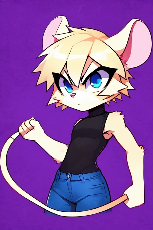solo, furry mouse girl, light blonde fur, light blonde ears, short light blonde hair, blue eyes, angry, sleeveless black turtleneck, blue jeans, bandage on right side of face, a little buff, purple background,