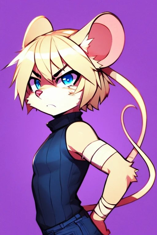 solo, furry mouse girl, light blonde fur, light blonde ears, short light blonde hair, blue eyes, angry, sleeveless black turtleneck, blue jeans, bandage on right side of face, a little buff, purple background,