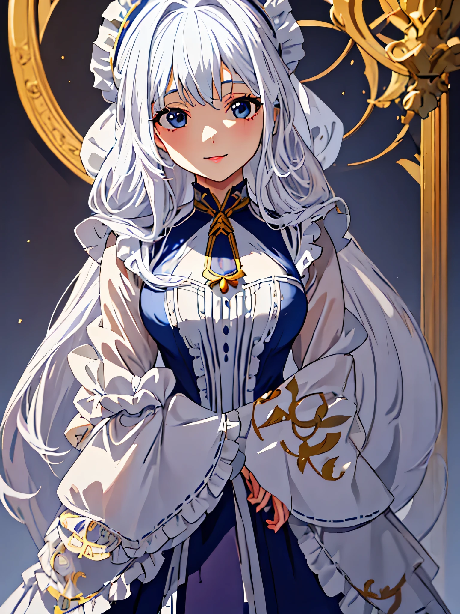 Personagem de anime, garota, beautiful long hair down to the floor, usando um vestido na altura da coxa, vestido de manga comprida, cabelo branco, rosto bonito, Olhos azuis claros, 8k resolution, Qualidade HD, partes do corpo muito detalhadas, corpo todo, Standing posture, sorrindo docemente