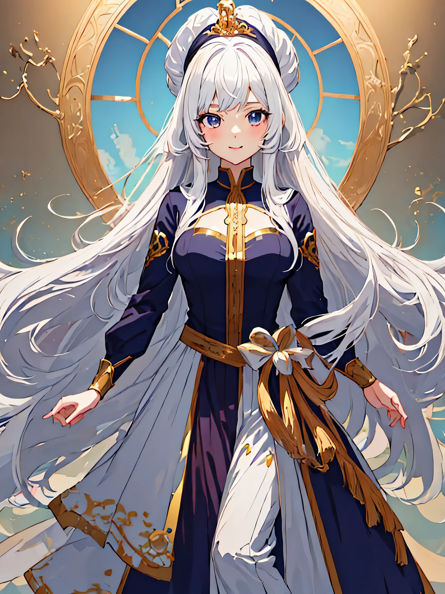 Personagem de anime, garota, beautiful long hair down to the floor, usando um vestido na altura da coxa, vestido de manga comprida, cabelo branco, rosto bonito, Olhos azuis claros, 8k resolution, Qualidade HD, partes do corpo muito detalhadas, corpo todo, Standing posture, sorrindo docemente