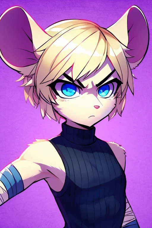 solo, furry mouse girl, light blonde fur, light blonde ears, short light blonde hair, blue eyes, angry, sleeveless black turtleneck, blue jeans, bandage on face, a little buff, purple background, looking at viewer
