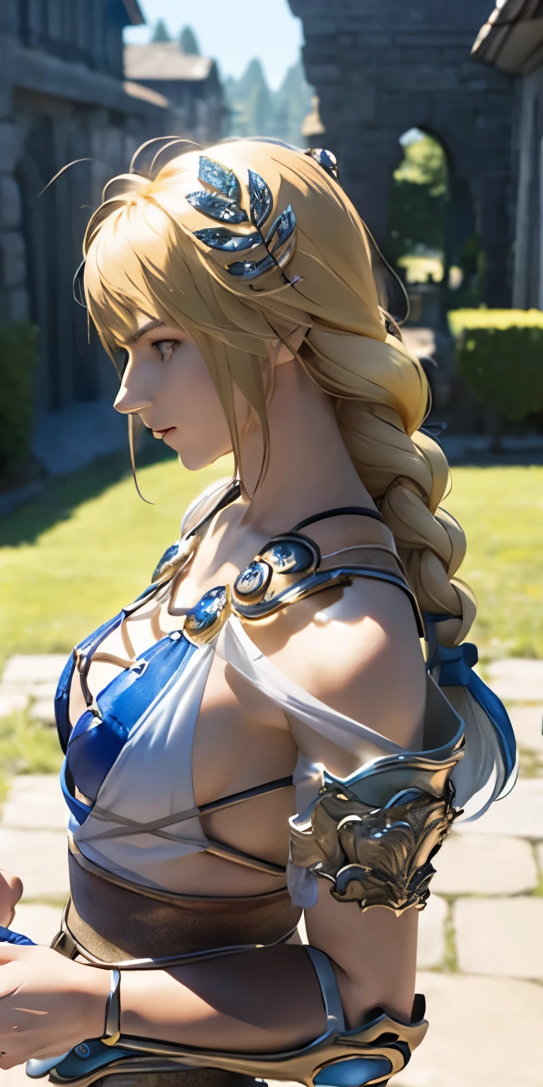 (masterpiece, best quality:1.3), Sophitia Alexandra, Soul Calibur, (upper body:1.5), 24 years old, looking at viewer, gold hair, braid hair,  (evil look, looks down on viewer:1.5), 