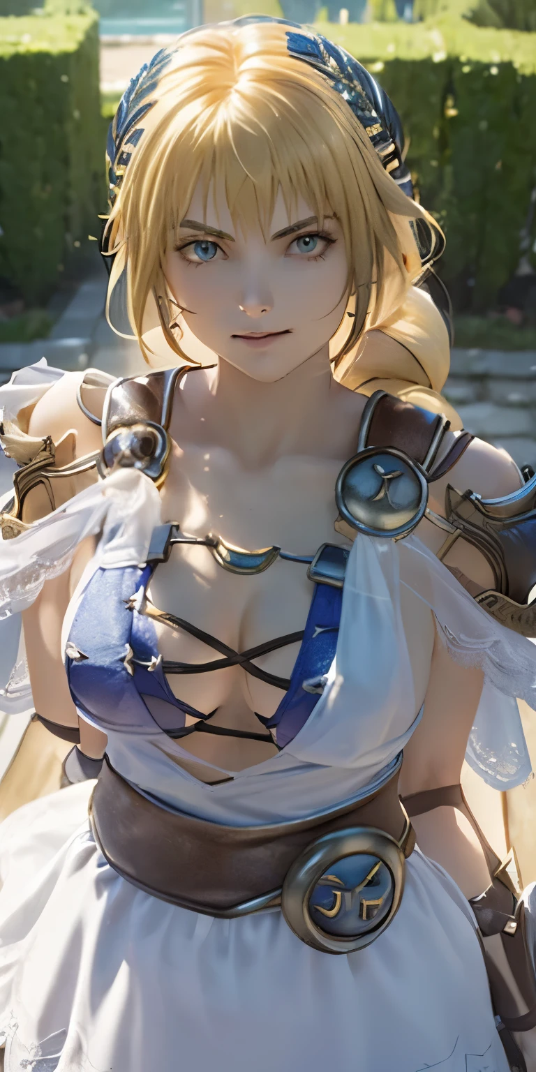(masterpiece, best quality:1.3), Sophitia Alexandra, Soul Calibur, (upper body:1.5), 24 years old, looking at viewer, gold hair, braid hair,  (evil look, looks down on viewer:1.5), 