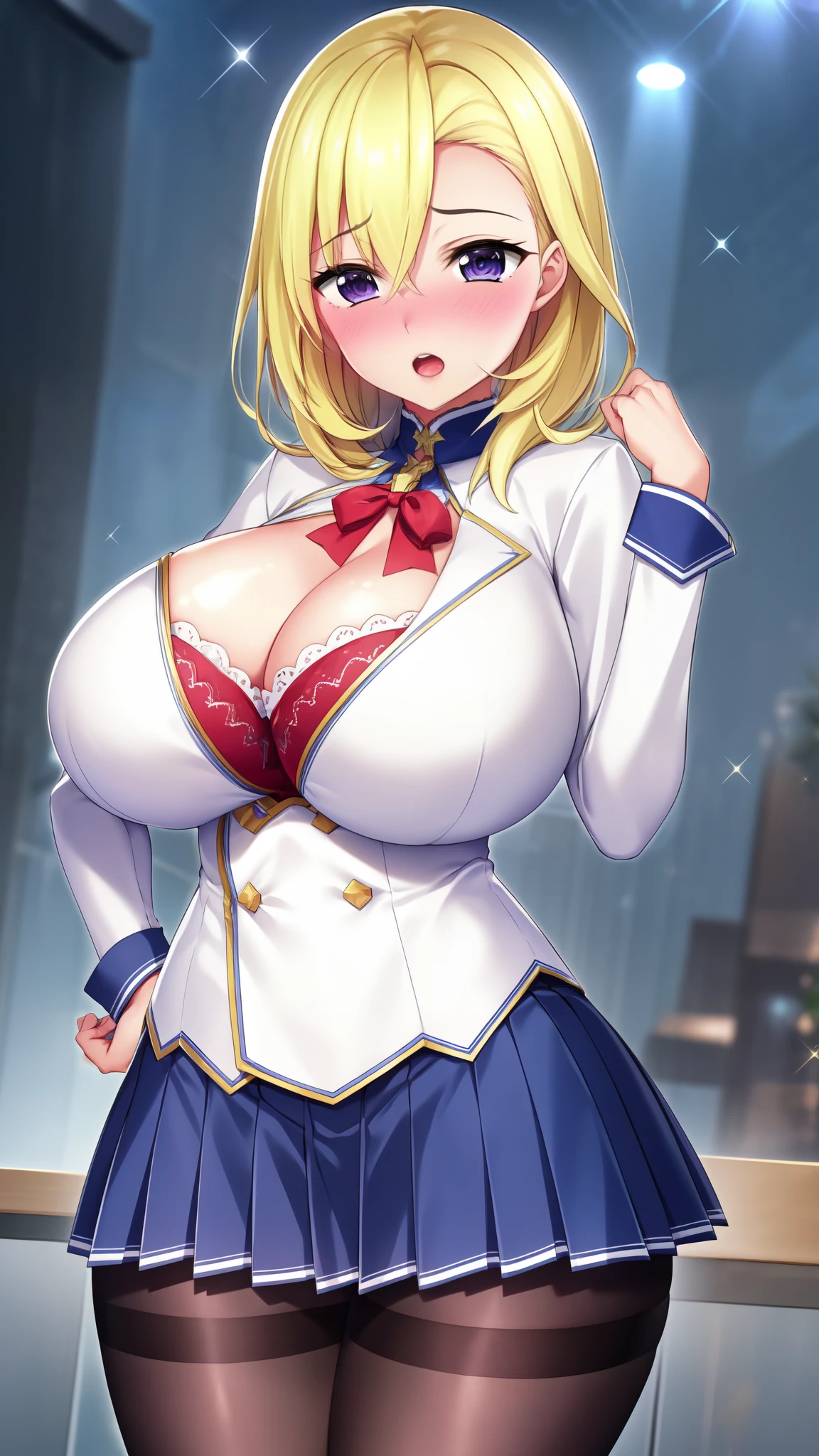 mature woman, 1girl, solo, medium hair, purple eyes, skirt, blonde hair, huge breasts, wide hips, white jacket, long sleeves, ribbon, cleavage, pantyhose, pleated skirt, frills, miniskirt, red ribbon, blue skirt, black pantyhose, neck ribbon, school , cosplay , brown pantyhose, ,(masterpiece: 1.0), (best_quality: 1.0), ultra high resolution, 4K, ultra detailed, photography, 8K, HDR, highres, absurders:1.2, Kodak portra 400, film grain, blurred background, bokeh:1.2, l (vibrant_color:1.2) (Beautiful), (beautiful_face:1.5),(narrow_waist), anime style, sharp focus, professional artwork,trending on pixiv, detailed bold arm lines, high color saturation, bold lines, bold drawing lines), open mouth, (white skin, (fair skin)
