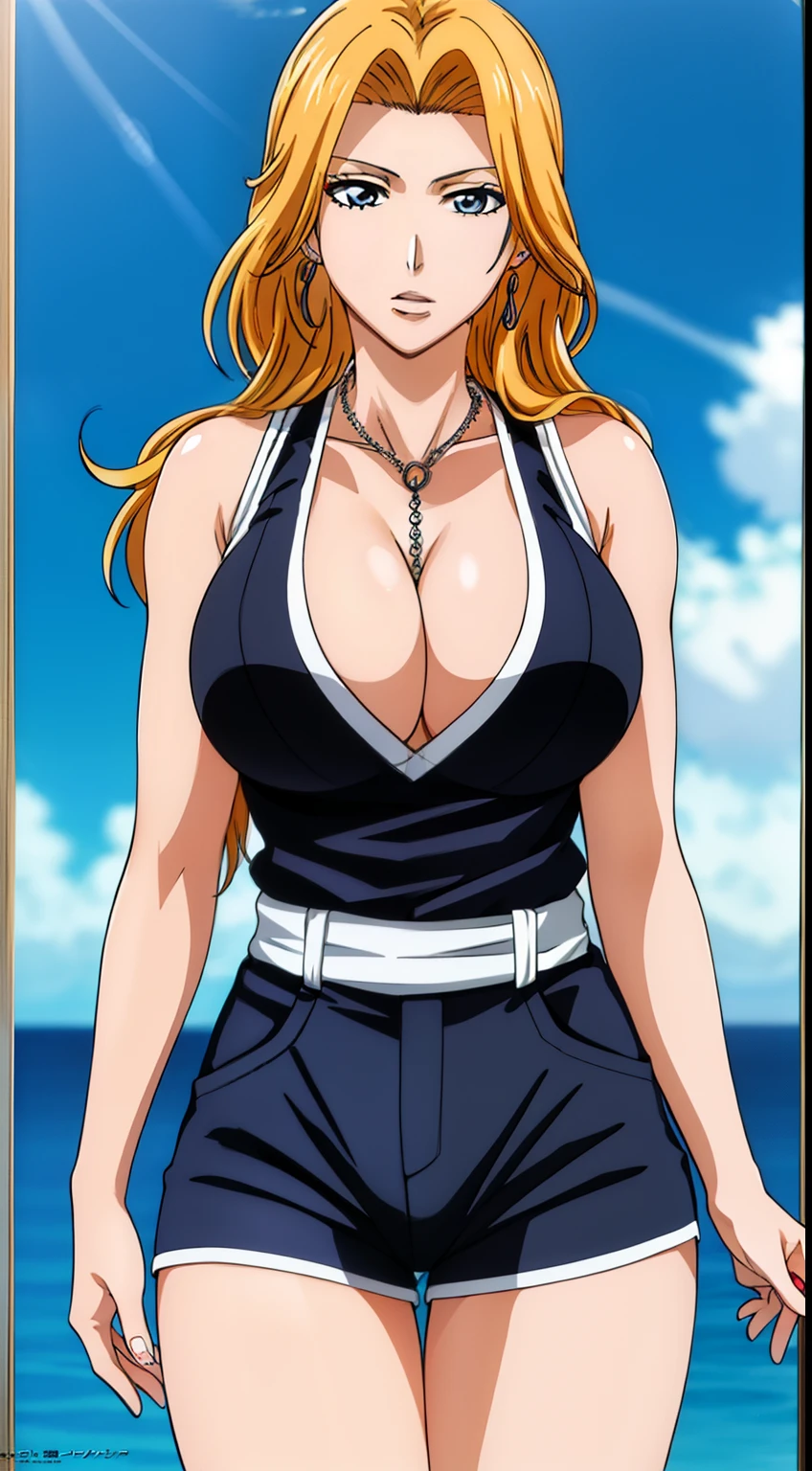 highest quality, High resolution, beautiful eyes, highly detailed face, Detailed CG,Matsumoto Rangiku,anime,big_chest,girl1name, Tank top,shorts,clavicle, necklace,earrings, blue eyes, Blonde hair,front hair,length_hair,20's style,girl1name, ,beautiful finger,beautiful long legs,beautiful body,natural lip,skin luster,1with people,looking at the viewer, in the center of the image,cowboy shot,