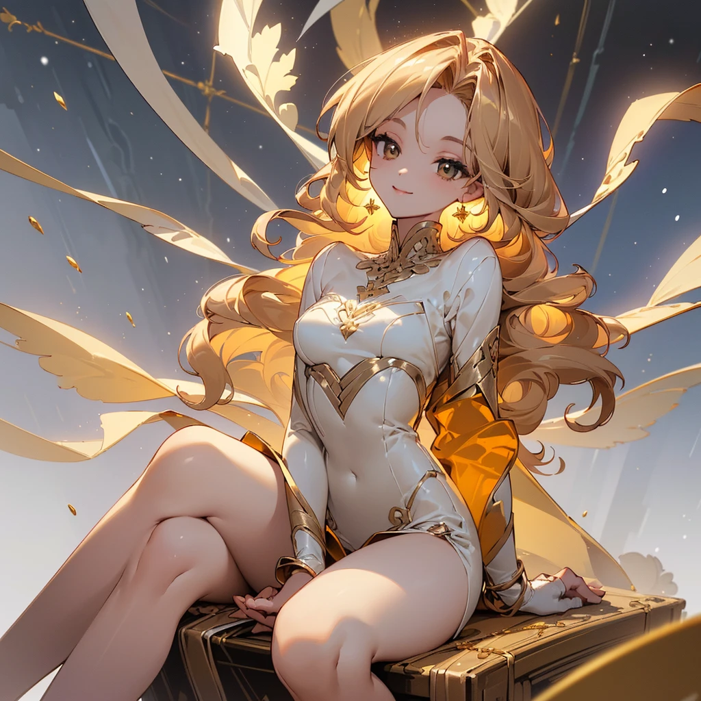 ((Masterpiece: 1.5, best quality, high resolution: 1.3, super resolution, super detailed, ultra detailed: 1.3, rich background: 1.2, Perfect Anatomy:1.5, 1 woman) pale skin + light blonde hair + Long curly hair + honey eyes + feminine figure + medium chest + small waist + wide hips (accessories on her thighs, no shoes, minimal jewelry, beautiful and divine wardrobe) ((open eyes, smile, sitting with wind blowing, white snow falling, dramatic lighting, elegant background)) ((colors for clothing: brown, gold, honey))