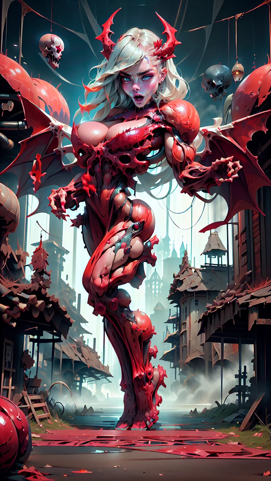 Character description: (1 girl), (cara delevingne:1.25), (beautiful girl face:1.25), (muscular succubus demoness), (carnage skinless physique:1.25), (huge gigantic wings & horns:1.25), (undead skinless succubus:1.25), (covered in red necrotic rotting skinless muscle:1.25), (exposed muscular anatomy:1.25), (large demonic claws:1.25). Character pose: Standing with legs closed, Arms spread apart, Wings spread out, (Whole body pose), Front View. Character expression: psychotic laughter, sharp teeth, beautiful cute girl face, red eyes, scary and horrific. Scene description: anatomic tech world morph, hellish landscape, Hellraiser like atmosphere. Scene Quality: (8k, RAW photo, photorealistic:1.25).