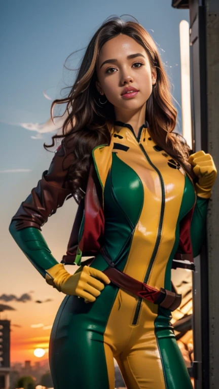 jessica alba、Wet、full body figure, long hair, brown hair, green eyes, lipstick, compensate, lips,Emphasize cleavage、 sexy、White stripes in hair, like, wavy hair, messy hair, curly hair, middle～big breasts, Surface Plot, ((Kelli Berglund:Bailee Madison:0.5)), 黄colorのスーツ, Jacket, gloves, belt, gloves amarillos, Green Suit, (body suit:1.4), Traje multicolor, (superhero:1.4), tight skin, Ropa multicolor, Garden and wisteria background, official art, extremely detailed CG 8k wallpaper, perfect lighting, De color, bright_amount_method_light, piel bright, (masterpiece:1.0), (Better_quality:1.0), ultra high resolution, 4k , Super detailed, director of photography, 8k, HDR, Altas Resolightones, (disorganized:1.2), kodak portrait 400, film grain, blurred background, (Bokeh:1.2), Lens flare, (lively_color:1.2), professional photography, (beautiful_method:1.5),More detailed 8K.unreal engine:1.4,Hmm,La Better calidad:1.4, realistic:1.4, skin temperature:1.4, masterpiece:1.8,masterpiece, Better calidad,object object], (detailed facial features:1.3),(Antesedentes apocalyptic destroyed city:1.4), (Apocalyptic Sunset:1.4)