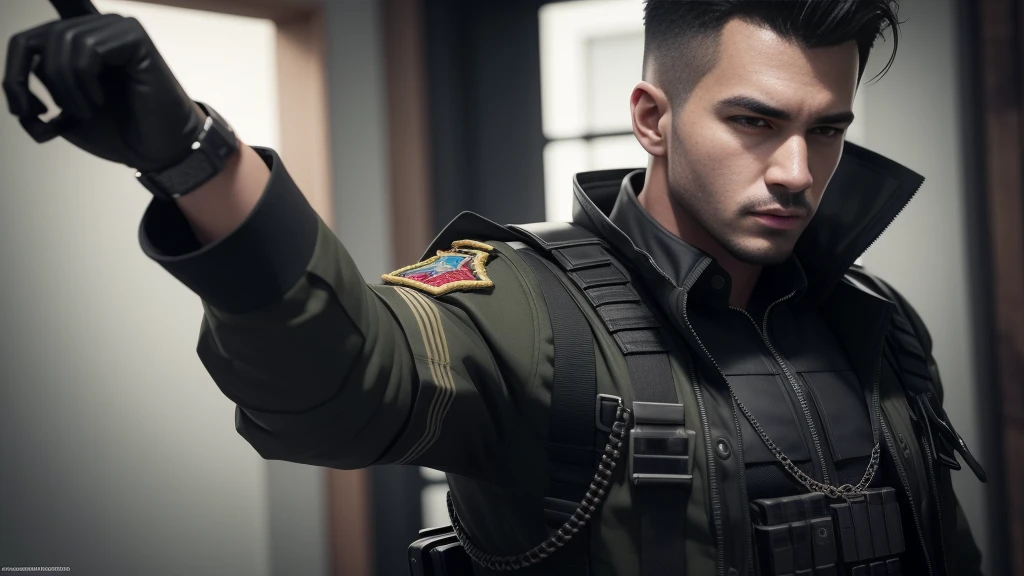 homem jovem, traje militar ciberpunk, ultra-realistic, ultra-detalhado, ultra-detalhes intrincados, detalhes ultra-intrincados, K, High definition, multi-render, cinematic rendering, 3D rendering