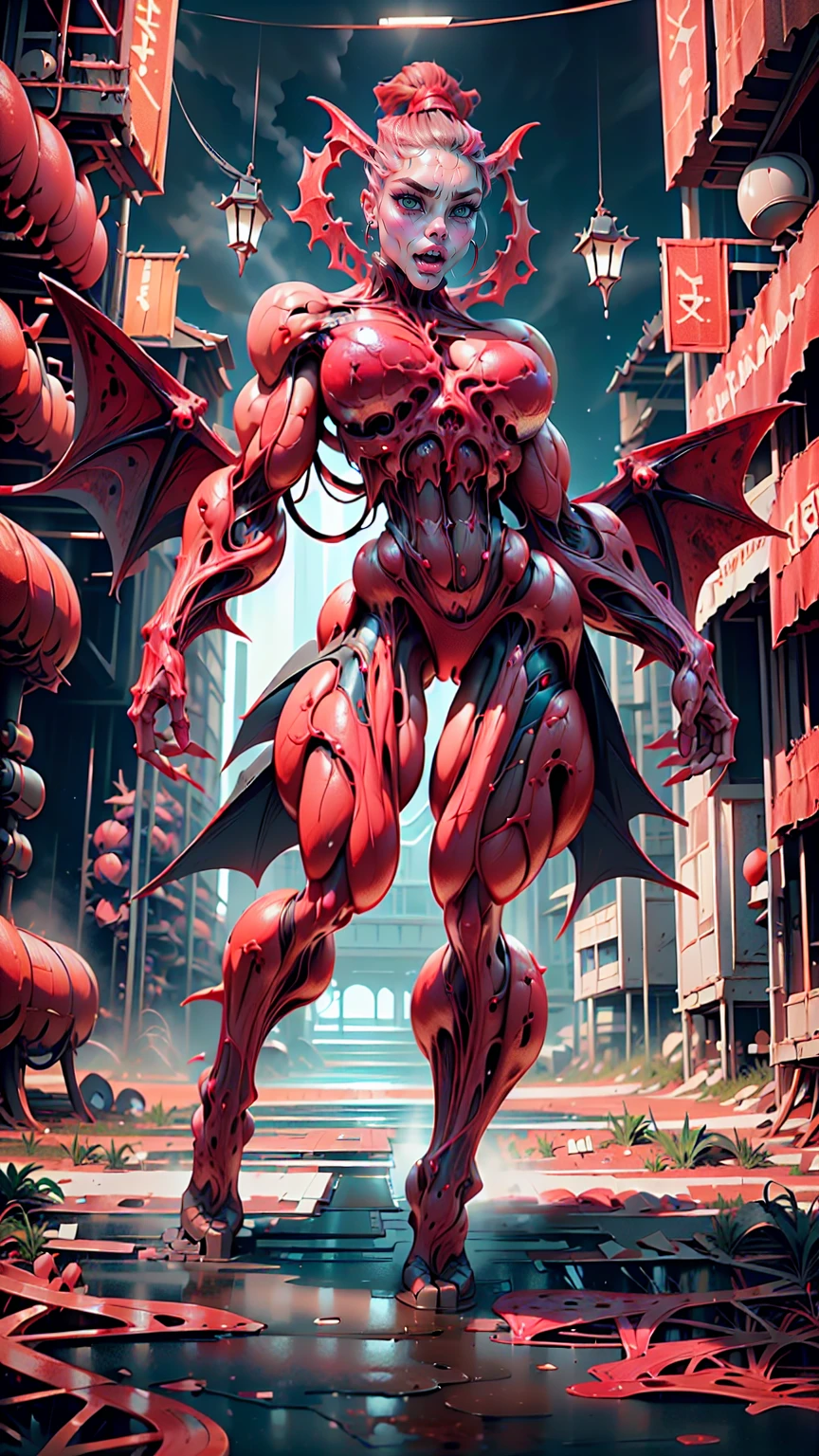 Character description: (1 girl), (cara delevingne:1.25), (beautiful girl face:1.25), (muscular succubus demoness), (carnage skinless physique:1.25), (huge gigantic wings & horns:1.25), (undead skinless succubus:1.25), (covered in red necrotic rotting skinless muscle:1.25), (exposed muscular anatomy:1.25), (large demonic claws:1.25). Character pose: Standing with legs closed, Arms spread apart, Wings spread out, (Whole body pose), Front View. Character expression: psychotic laughter, sharp teeth, beautiful cute girl face, red eyes, scary and horrific. Scene description: anatomic tech world morph, hellish landscape, Hellraiser like atmosphere. Scene Quality: (8k, RAW photo, photorealistic:1.25).