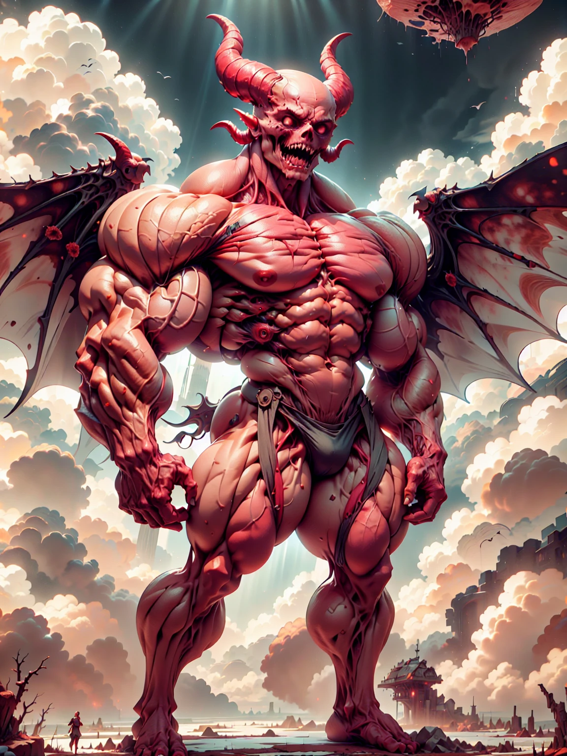 Character description: (1 girl), (cara delevingne:1.25), (beautiful girl face:1.25), (muscular succubus demoness), (carnage skinless physique:1.25), (huge gigantic wings & horns:1.25), (undead skinless succubus:1.25), (covered in red necrotic rotting skinless muscle:1.25), (exposed muscular anatomy:1.25), (large demonic claws:1.25). Character pose: Standing with legs closed, Arms spread apart, Wings spread out, (Whole body pose), Front View. Character expression: psychotic laughter, sharp teeth, beautiful cute girl face, red eyes, scary and horrific. Scene description: anatomic tech world morph, hellish landscape, Hellraiser like atmosphere. Scene Quality: (8k, RAW photo, photorealistic:1.25).