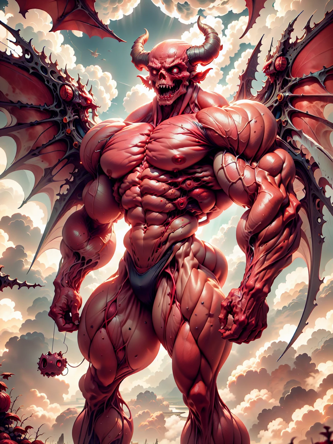 Character description: (1 girl), (cara delevingne:1.25), (beautiful girl face:1.25), (muscular succubus demoness), (carnage skinless physique:1.25), (huge gigantic wings & horns:1.25), (undead skinless succubus:1.25), (covered in red necrotic rotting skinless muscle:1.25), (exposed muscular anatomy:1.25), (large demonic claws:1.25). Character pose: Standing with legs closed, Arms spread apart, Wings spread out, (Whole body pose), Front View. Character expression: psychotic laughter, sharp teeth, beautiful cute girl face, red eyes, scary and horrific. Scene description: anatomic tech world morph, hellish landscape, Hellraiser like atmosphere. Scene Quality: (8k, RAW photo, photorealistic:1.25).