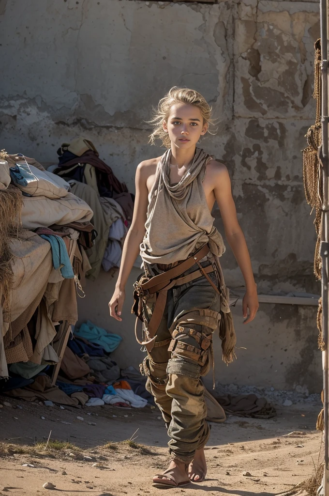 Masterpiece, nsfw, half body shot, topless, transitioning to a desert landscape at sunset, a lone figure walking, a beautiful 11 years old young Irish tween girl emerges, freckles on face, very pale skin, she is topless, wearing beautiful post apocalyptic nomadic clothes, very pale skin, light blond hair, blue-grey eyes, freckles on face, skinny runners body, very small breasts, perfect hard nipples, very small ass, very detailed face, ultra realistic face, very beautiful thin face, clean face, exhausted face, young looking, very young, juvenile face, post-apocalyptic clothing. Layers of tattered fabric, unconventional accessories, and a weathered look create an aura of survival and resilience, 16K, ultra high res.photorealistic, UHD, RAW, DSLR