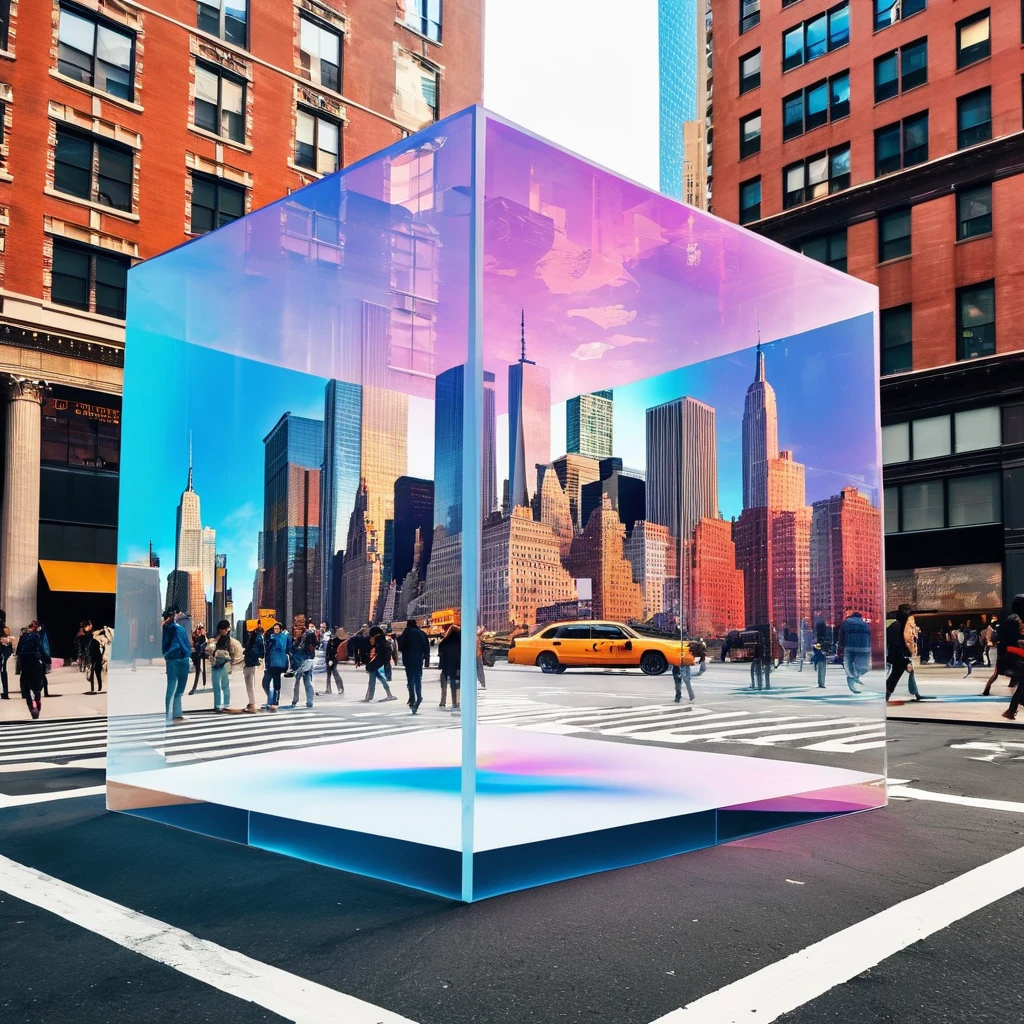 A big cube on the middle of the new york street with transparent color flying above. Make the peoples panic