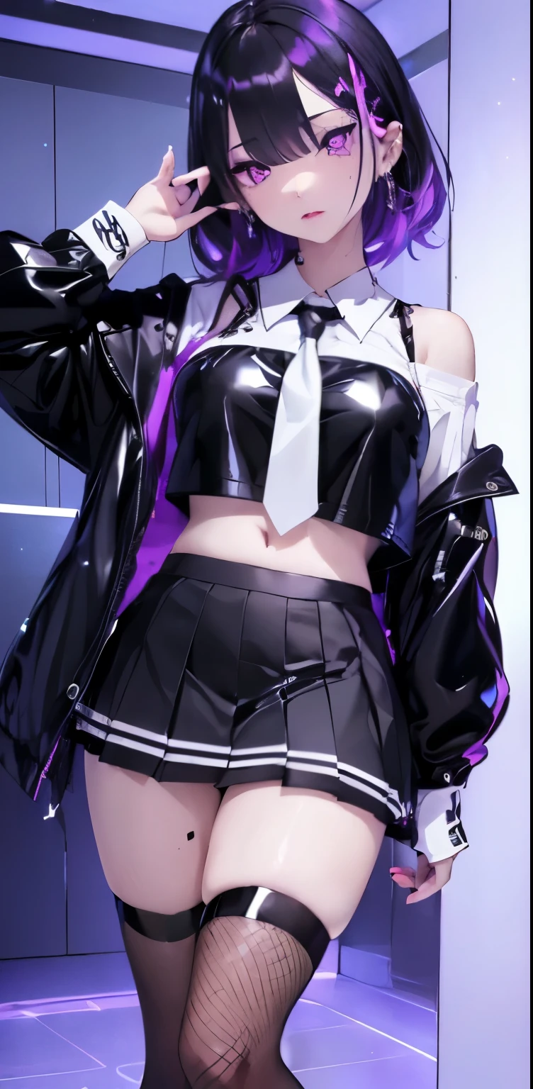 (masterpiece, highest quality, highest quality, official art, beautiful and aesthetic:1.2), (2 girls:1.8), Cinematic lighting、(key light:Front diagonal 45 degrees, fill light、Backlight、shadow、blue and orange color palette), accurate human body、detailed person、Correct five-finger、RAW photo、 4K - ultra-vivid、highest quality, masterpiece, ultra high resolution, (reality: 1.4),
1 Girl、/Jet black hair/、(((/black and purple super shiny latex panties/)))、((( /black skin/ , /White shirt with tie/ , high school girl、pleated skirt , oil skin)))、(shiny body: 1.5)、 please be shy、(Ahegao:1.5)、((/black mask/))、full of embarrassment、sexy pose、((vapor))、/break/, On the bed in a love hotel、(((uv light、/Fluorescent black light lighting/)))、A dimly lit, lewd room、Desaturation in the room
(((oil skin,sparkling skin、realistic skin texture、detailed beautiful skin、shiny skin、shiny skin)))、
upper body shot, camera angle is low, Depth of the bounds written, Focus on the center, fine eyes, perfect face and eyes、
1 girl、
, (Goth Makeup), (white skin), (T-shirt and skirt), (Show below ), (Fishnet tights), (belly button jewelry), (pierced ears), (Pierced Lips), /purple eyes/, /Short black emo hair/, (big breasts), (8K), (wallpaper), (dynamic lighting), (detailed face and eyes:1.2)、short skirt、Thick-soled low-cut boots and large shirts、off shoulder, /break/two girls