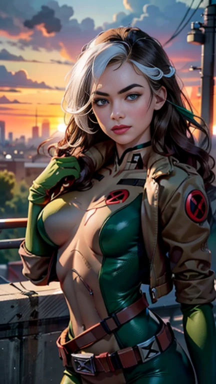 Yvonne Strahovski、Wet、full body figure, long hair, brown hair, green eyes, lipstick, compensate, lips,Emphasize cleavage、 sexy、White stripes in hair, like, wavy hair, messy hair, curly hair, middle～big breasts, Surface Plot, ((Kelli Berglund:Bailee Madison:0.5)), 黄colorのスーツ, Jacket, gloves, belt, gloves amarillos, Green Suit, (body suit:1.4), Traje multicolor, (superhero:1.4), tight skin, Ropa multicolor, Garden and wisteria background, official art, extremely detailed CG 8k wallpaper, perfect lighting, De color, bright_amount_method_light, piel bright, (masterpiece:1.0), (Better_quality:1.0), ultra high resolution, 4k , Super detailed, director of photography, 8k, HDR, Altas Resolightones, (disorganized:1.2), kodak portrait 400, film grain, blurred background, (Bokeh:1.2), Lens flare, (lively_color:1.2), professional photography, (beautiful_method:1.5),More detailed 8K.unreal engine:1.4,Hmm,La Better calidad:1.4, realistic:1.4, skin temperature:1.4, masterpiece:1.8,masterpiece, Better calidad,object object], (detailed facial features:1.3),(Antesedentes apocalyptic destroyed city:1.4), (Apocalyptic Sunset:1.4)