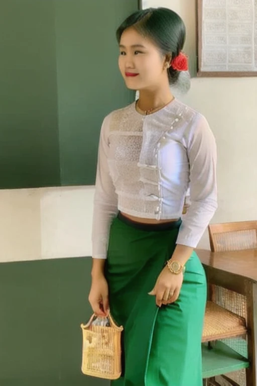 there is a woman standing in a green skirt and white shirt, nivanh chanthara, wearing traditional garb, traditional dress, wearing headmistress uniform, traditional clothes, wearing authentic attire, in style of lam manh, white shirt and green skirt, nuttavut baiphowongse, student, 30 years old woman