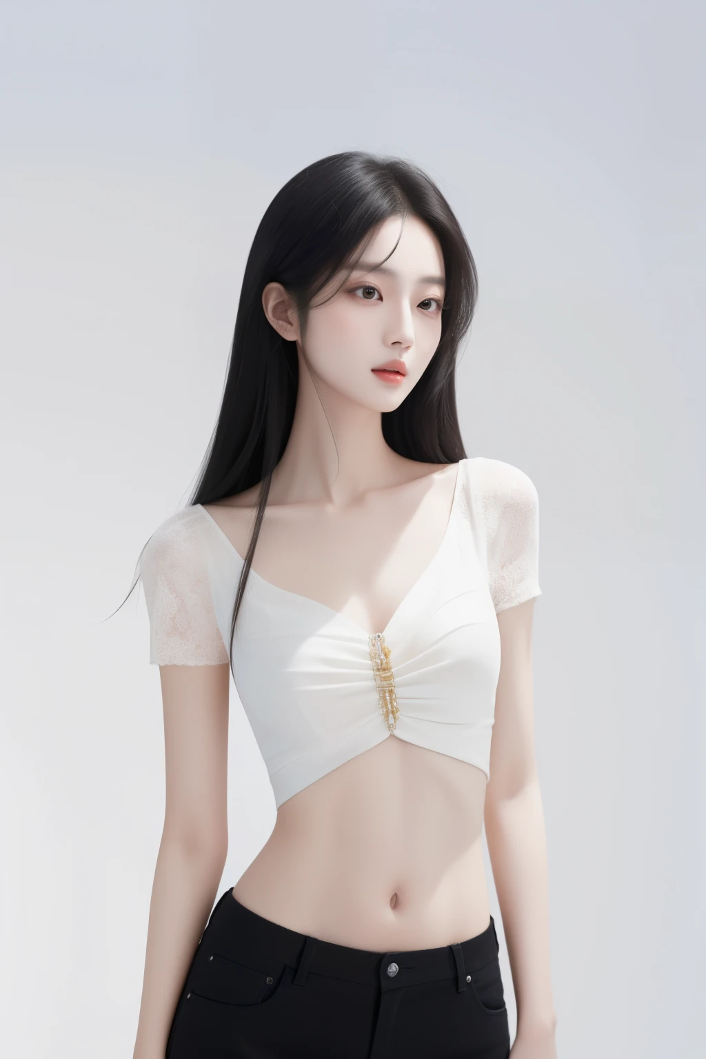 Meng Bo, a captivating 1 girl with flowing black hair, is portrayed alone in a mesmerizing portrait shoot. The image, shot in ultra high definition with the utmost attention to detail, captures every intricate strand of her lustrous long hair. Her upper body is adorned in a tantalizing white shirt that elegantly exposes her navel, adding a touch of sensuality. The composition is a true masterpiece, showcasing the lifelike quality and authenticity of the photograph. With the best quality and originality in mind, this 8k image offers a raw and unfiltered glimpse into Meng Bo's beauty, making it a true gem for collectors. Please note that the content of this image is NSFW.