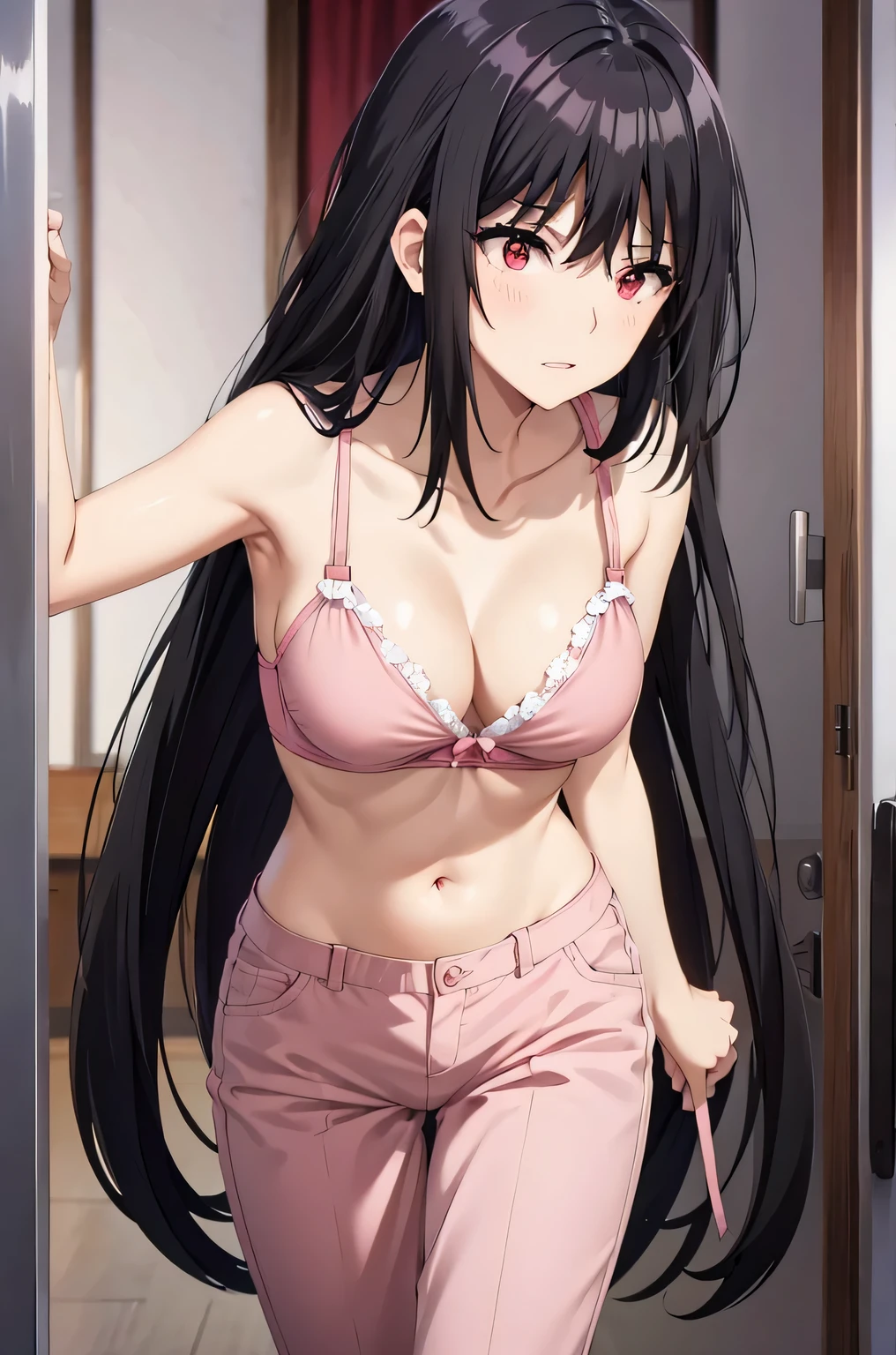 black hair,red eyes,medium breast,narrow waist,pink bra,pink pants,standing straight,in the room
